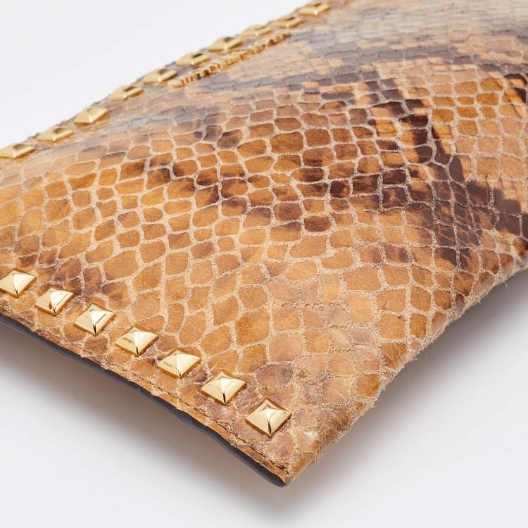 Pre Owned Michael Kors Brown Snakeskin Embossed Leather Studded Sandrine Clutch