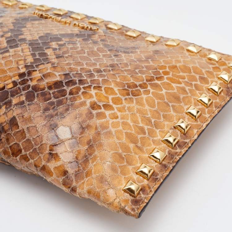Pre Owned Michael Kors Brown Snakeskin Embossed Leather Studded Sandrine Clutch