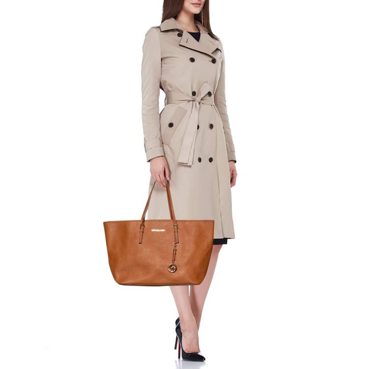 Pre Owned Michael Kors Brown Saffiano Leather Jet Set Tote