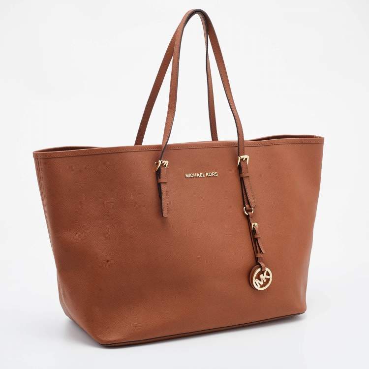 Pre Owned Michael Kors Brown Saffiano Leather Jet Set Tote