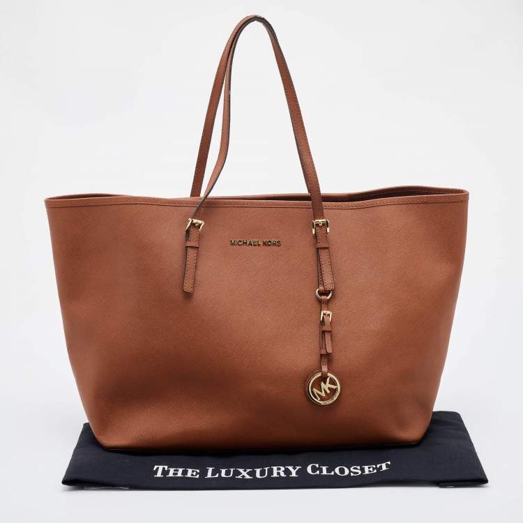 Pre Owned Michael Kors Brown Saffiano Leather Jet Set Tote