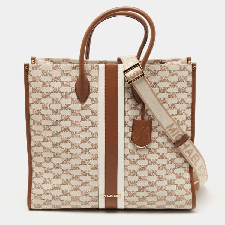 Michael Kors Brown/Beige Logo Jacquard Fabric and Faux Leather Large Mirella  Tote Michael Kors | TLC