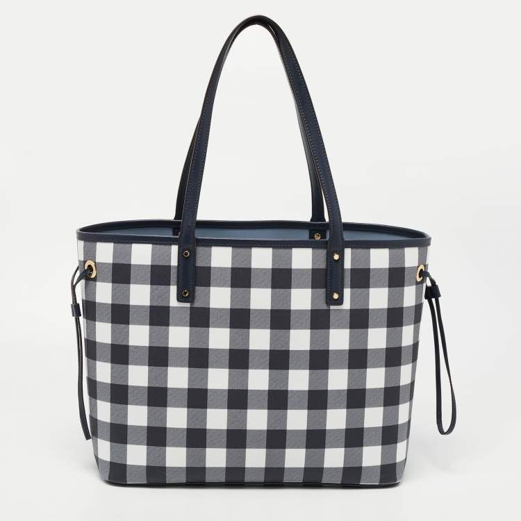 Pre Owned Michael Kors Navy Blue Checkered Coated Canvas Jet Set Travel Tote