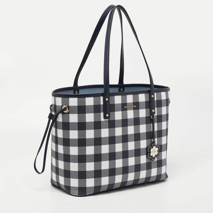 Pre Owned Michael Kors Navy Blue Checkered Coated Canvas Jet Set Travel Tote