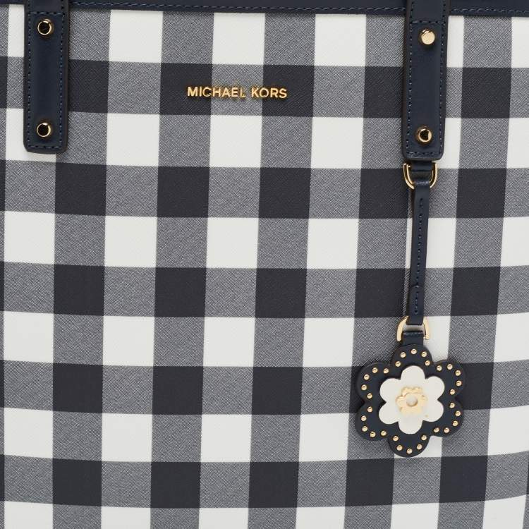 Pre Owned Michael Kors Navy Blue Checkered Coated Canvas Jet Set Travel Tote