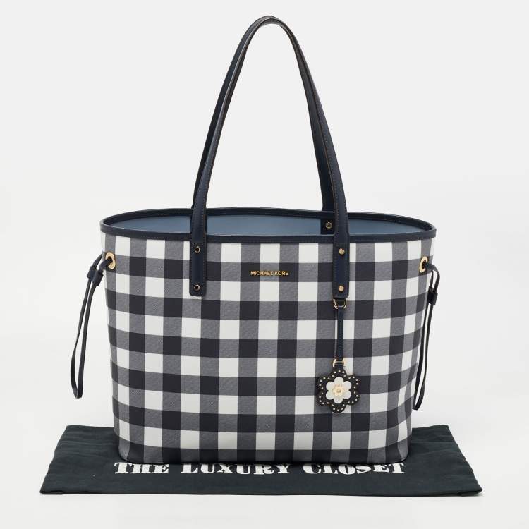 Pre Owned Michael Kors Navy Blue Checkered Coated Canvas Jet Set Travel Tote