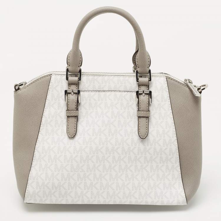 Pre Owned Michael Kors White/Grey Signature Coated Canvas and Leather Ciara Satchel