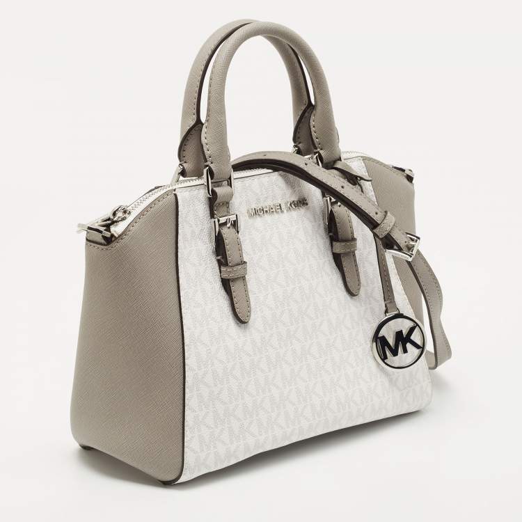 Pre Owned Michael Kors White/Grey Signature Coated Canvas and Leather Ciara Satchel