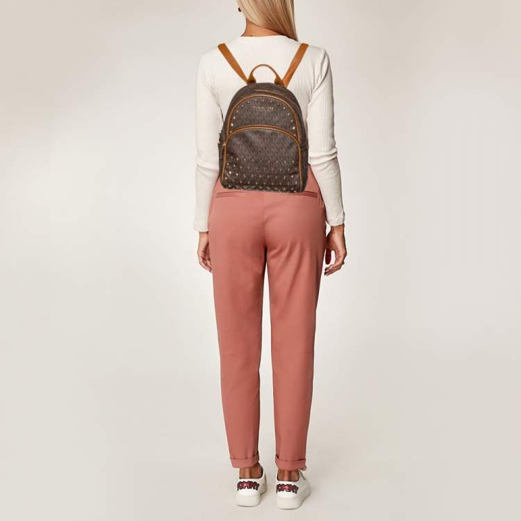 Michael Kors Brown Signature Coated Canvas and Leather Studded Abbey Backpack  Michael Kors