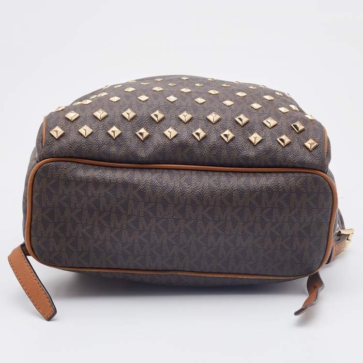 Pre Owned Michael Kors Brown Signature Coated Canvas and Leather Studded Abbey Backpack