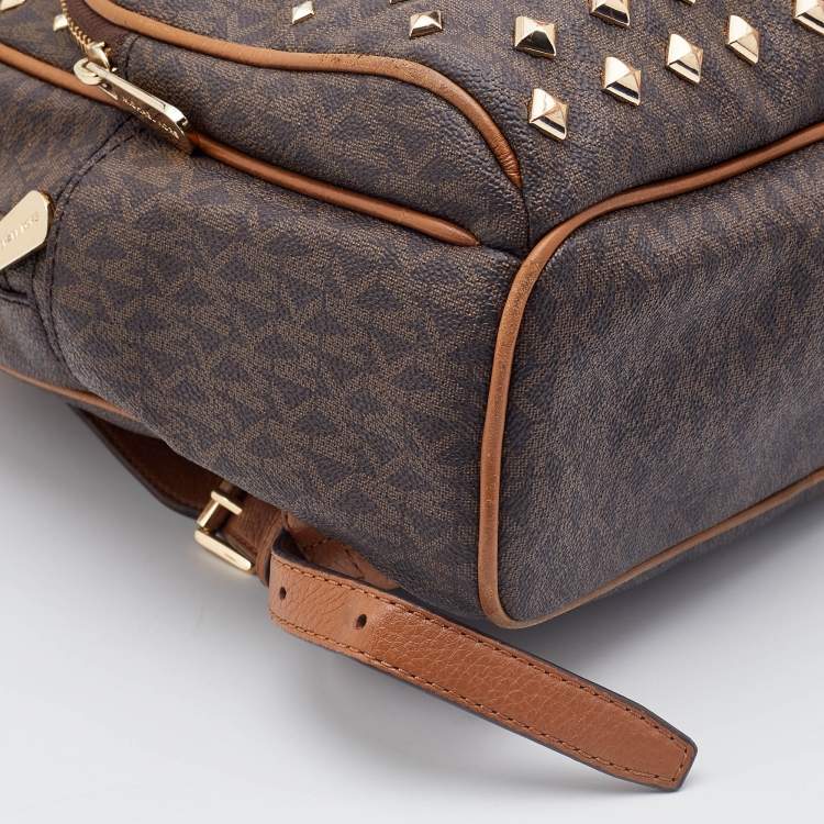 Pre Owned Michael Kors Brown Signature Coated Canvas and Leather Studded Abbey Backpack