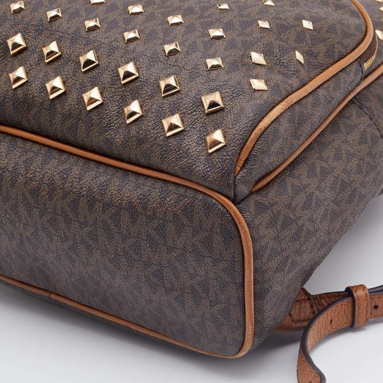 Pre Owned Michael Kors Brown Signature Coated Canvas and Leather Studded Abbey Backpack