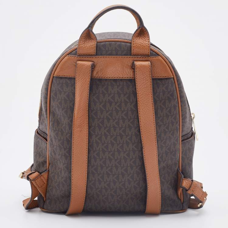 Pre Owned Michael Kors Brown Signature Coated Canvas and Leather Studded Abbey Backpack