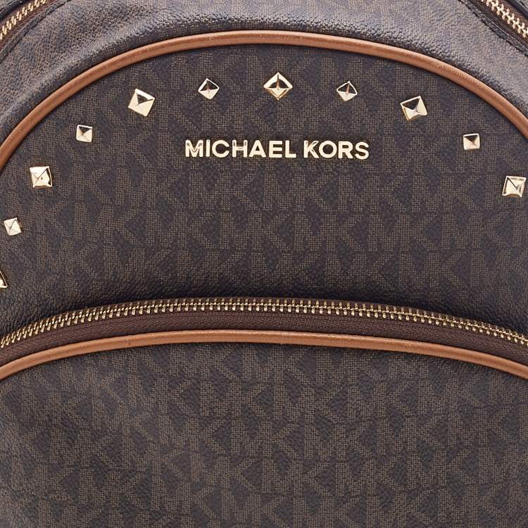 Pre Owned Michael Kors Brown Signature Coated Canvas and Leather Studded Abbey Backpack