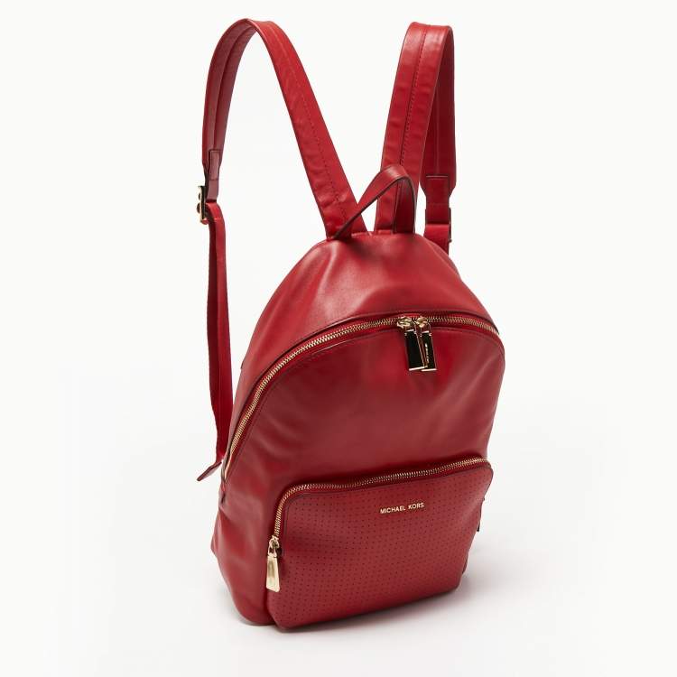 Pre Owned Michael Kors Red Faux Leather Perforated front Pocket Backpack