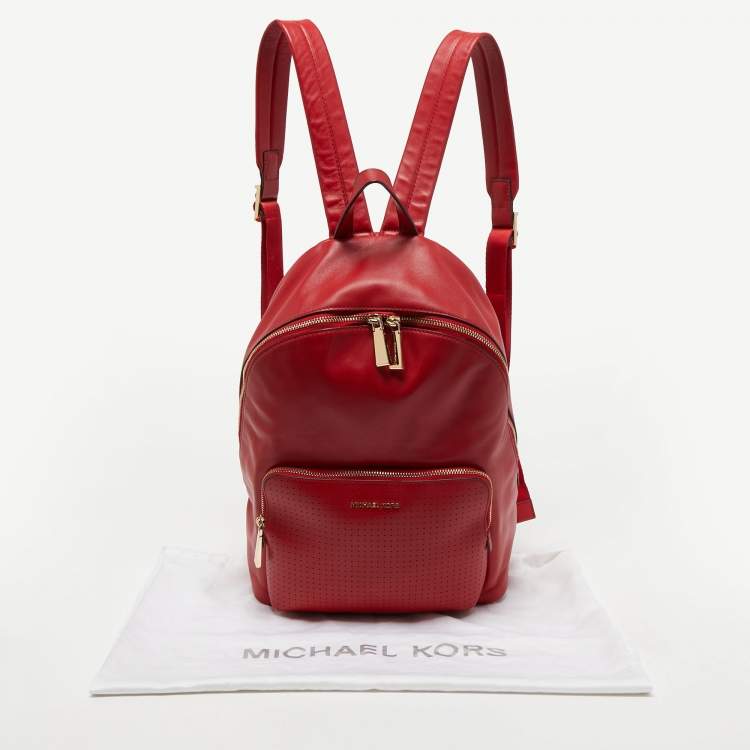 Pre Owned Michael Kors Red Faux Leather Perforated front Pocket Backpack