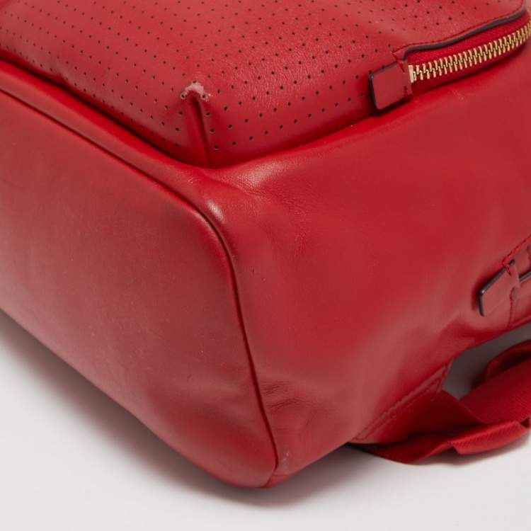 Pre Owned Michael Kors Red Faux Leather Perforated front Pocket Backpack