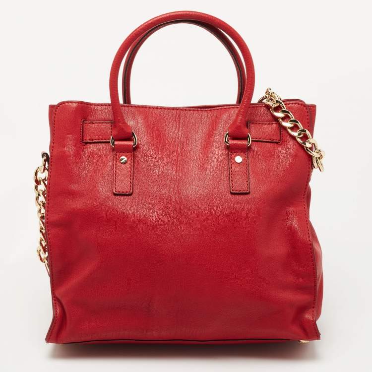 Pre Owned Michael Kors Red Leather Large N/S Grommet Hamilton Tote