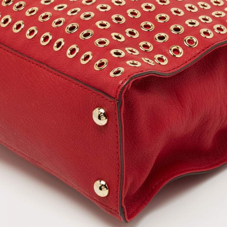 Pre Owned Michael Kors Red Leather Large N/S Grommet Hamilton Tote