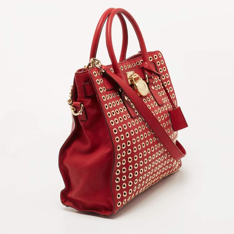 Pre Owned Michael Kors Red Leather Large N/S Grommet Hamilton Tote