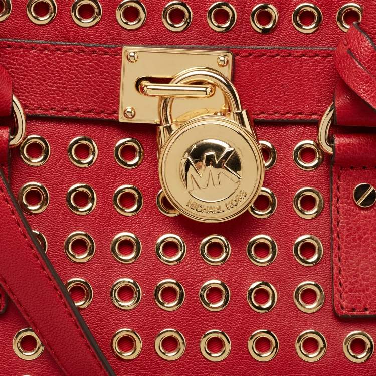 Pre Owned Michael Kors Red Leather Large N/S Grommet Hamilton Tote