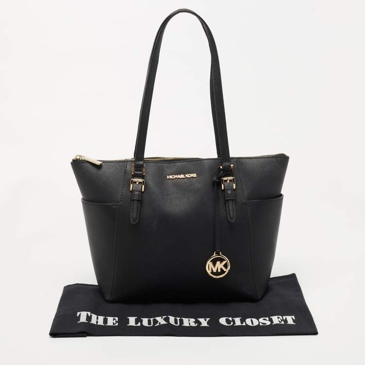 Pre Owned Michael Kors Black Leather Medium Jet Set Top Zip Tote