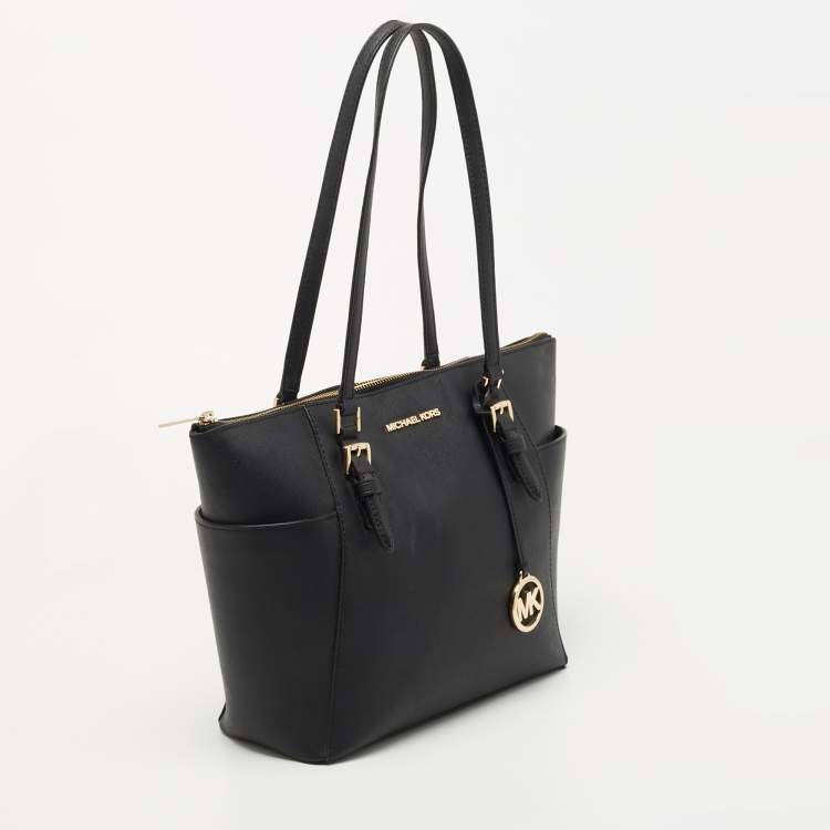 Pre Owned Michael Kors Black Leather Medium Jet Set Top Zip Tote