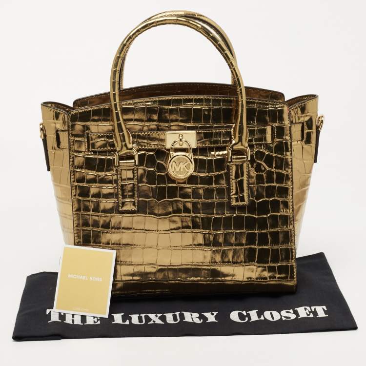 Pre Owned Michael Kors Gold Croc Embossed Leather Hamilton Studio Tote