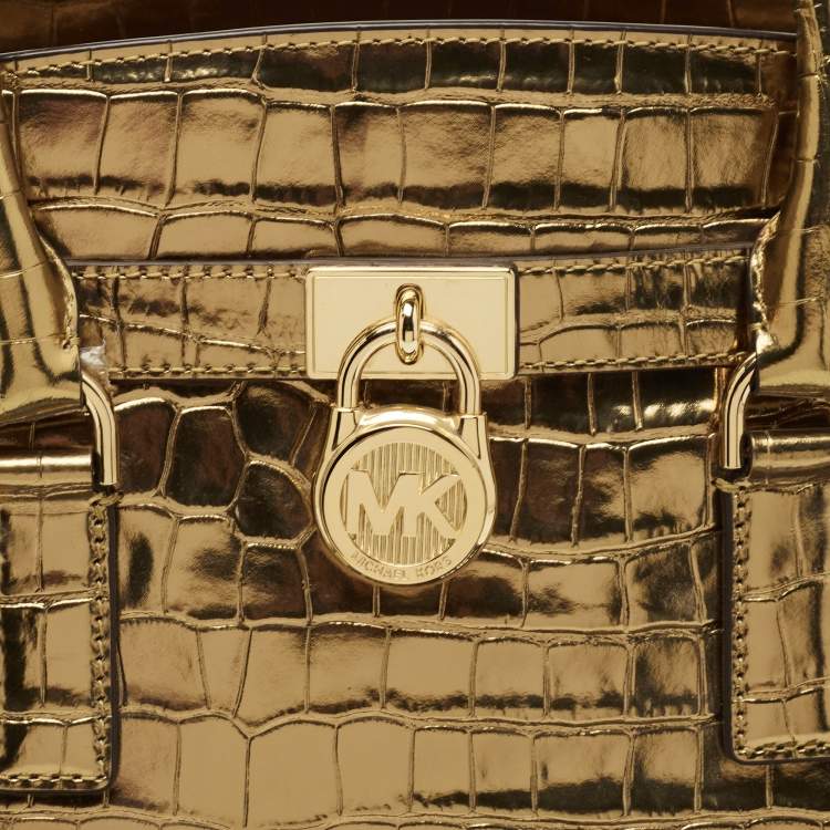 Pre Owned Michael Kors Gold Croc Embossed Leather Hamilton Studio Tote