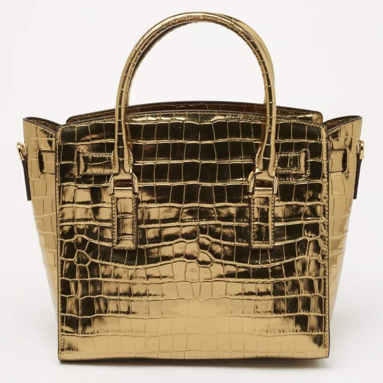 Pre Owned Michael Kors Gold Croc Embossed Leather Hamilton Studio Tote