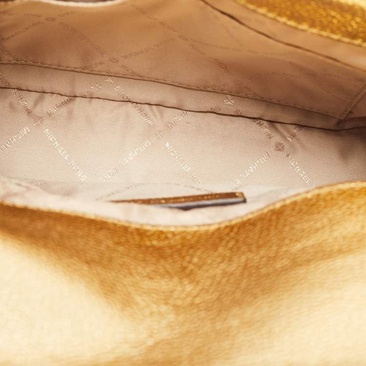 Pre Owned Michael Kors Gold Straw and Leather Kinsley Shoulder Bag