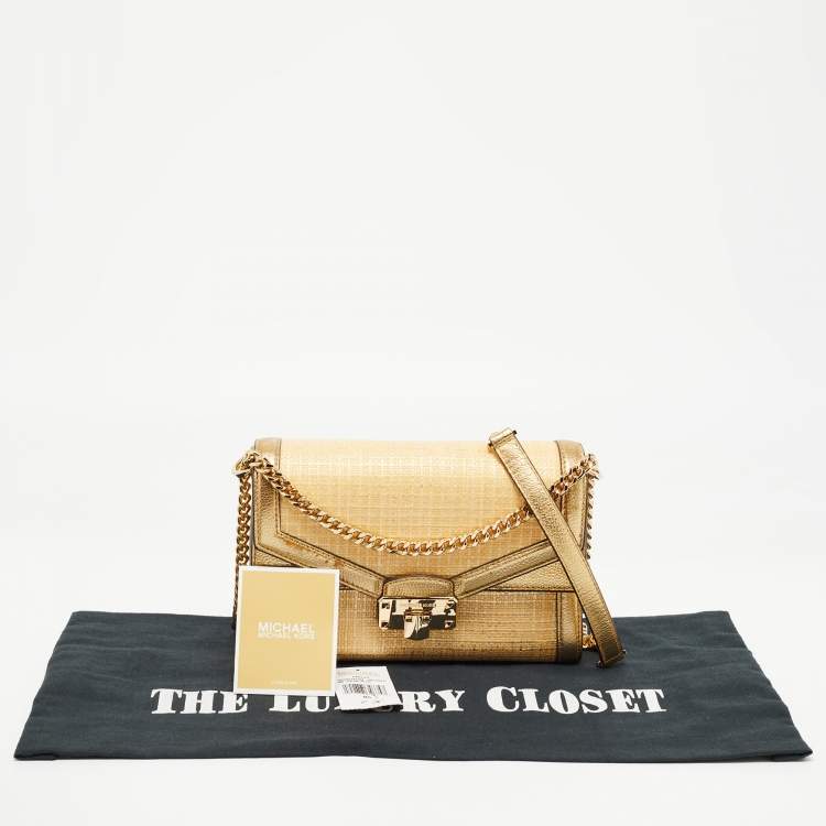 Pre Owned Michael Kors Gold Straw and Leather Kinsley Shoulder Bag