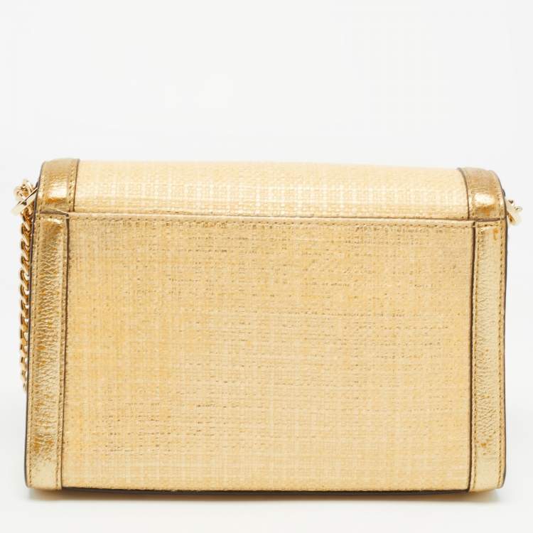 Pre Owned Michael Kors Gold Straw and Leather Kinsley Shoulder Bag