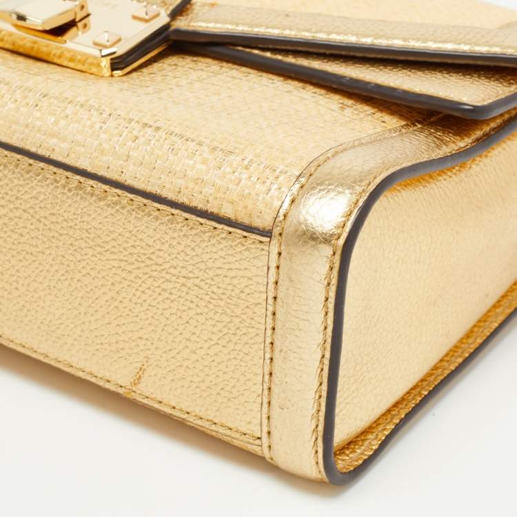 Pre Owned Michael Kors Gold Straw and Leather Kinsley Shoulder Bag