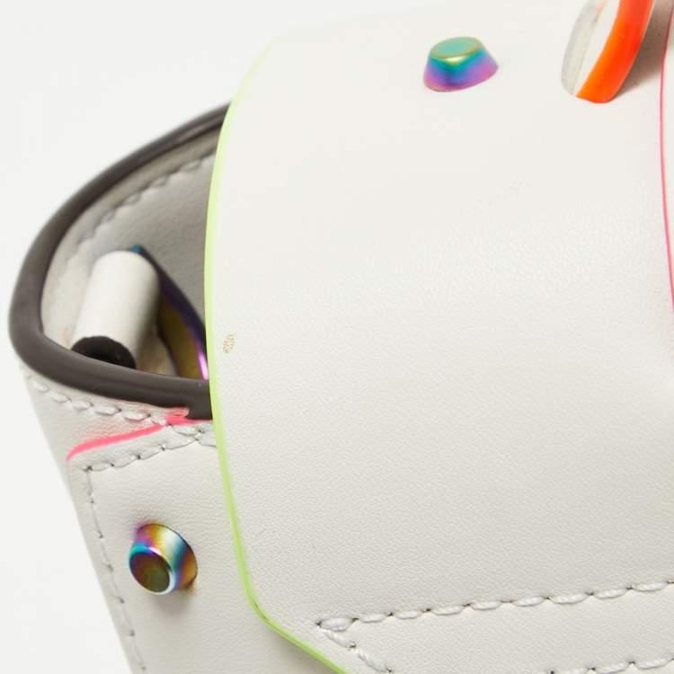 Pre Owned Michael Kors Optic White Leather Multicolor Trim Medium Manhattan Satchel