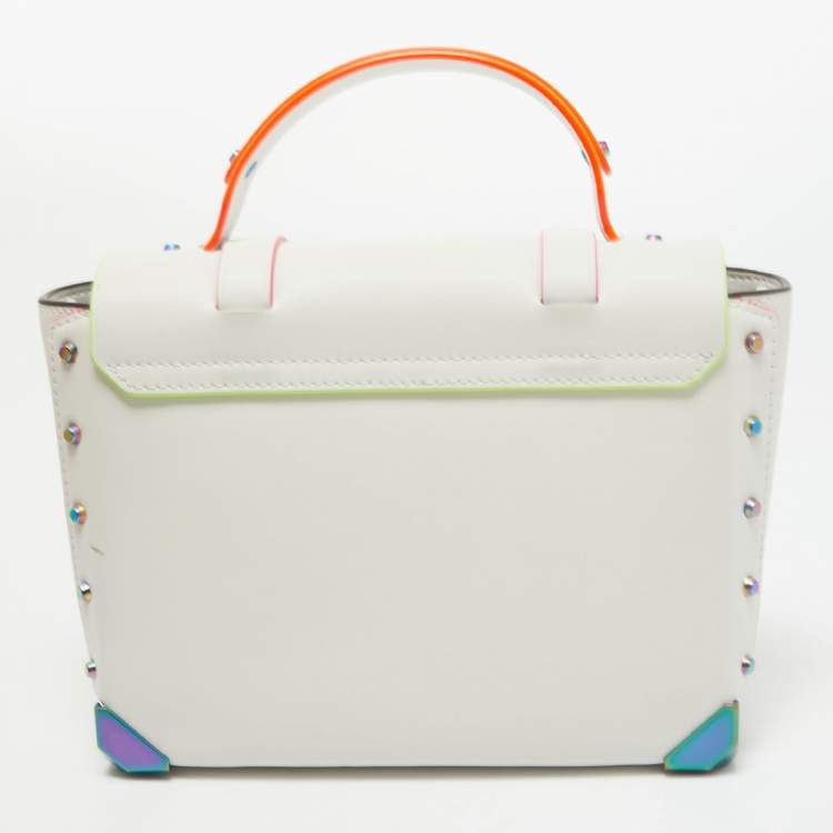 Pre Owned Michael Kors Optic White Leather Multicolor Trim Medium Manhattan Satchel