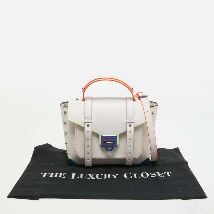 Pre Owned Michael Kors Optic White Leather Multicolor Trim Medium Manhattan Satchel