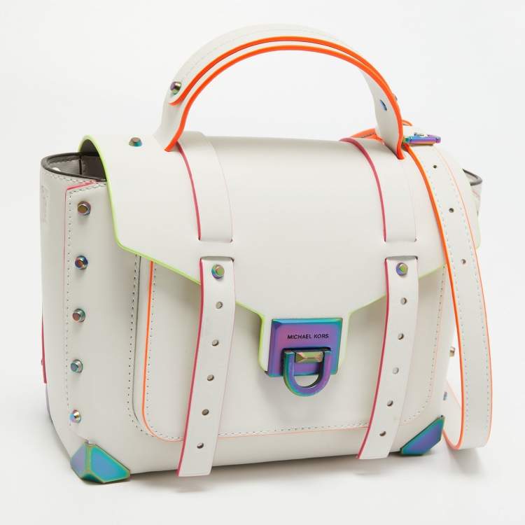 Pre Owned Michael Kors Optic White Leather Multicolor Trim Medium Manhattan Satchel