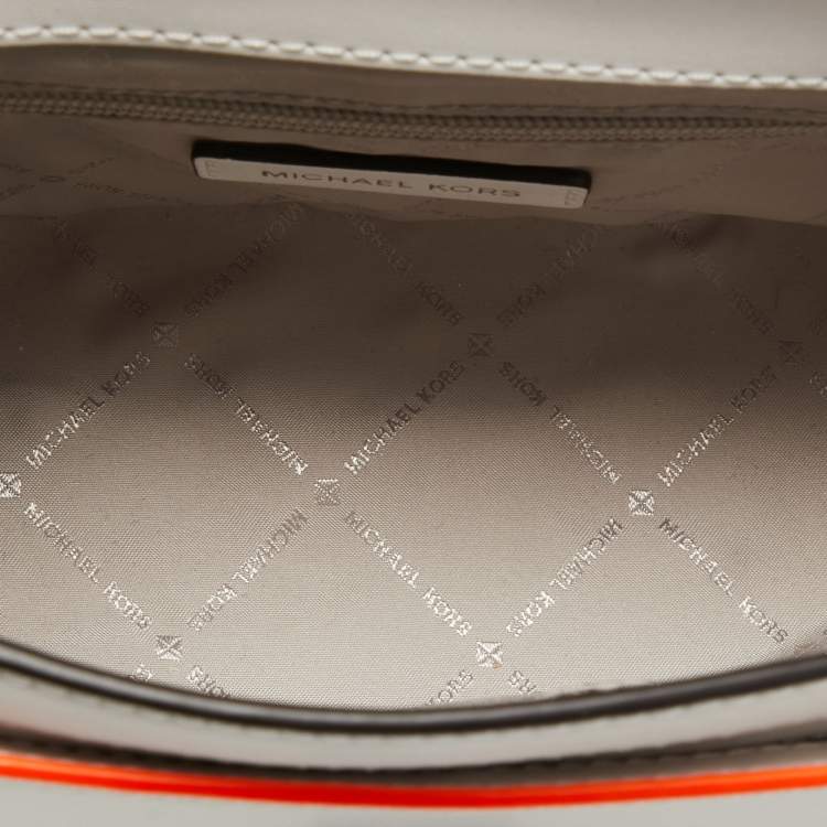 Pre Owned Michael Kors Optic White Leather Multicolor Trim Medium Manhattan Satchel