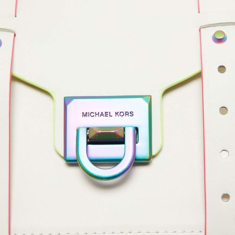 Pre Owned Michael Kors Optic White Leather Multicolor Trim Medium Manhattan Satchel