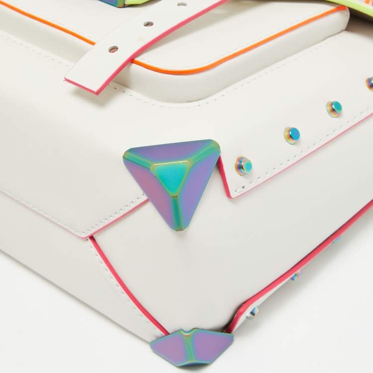 Pre Owned Michael Kors Optic White Leather Multicolor Trim Medium Manhattan Satchel