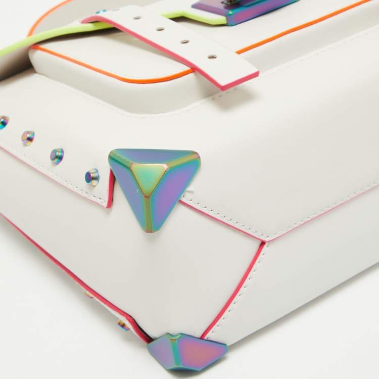 Pre Owned Michael Kors Optic White Leather Multicolor Trim Medium Manhattan Satchel