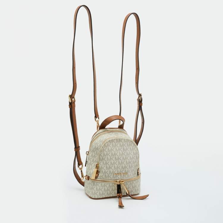 Pre Owned Michael Kors White/Tan Signature Coated Canvas and Leather Mini Rhea Backpack
