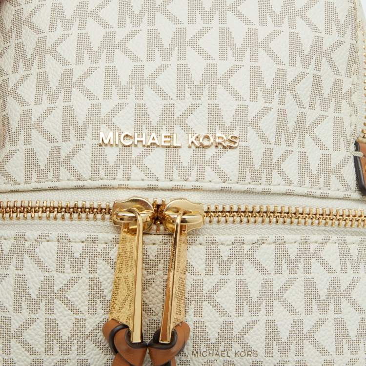 Pre Owned Michael Kors White/Tan Signature Coated Canvas and Leather Mini Rhea Backpack