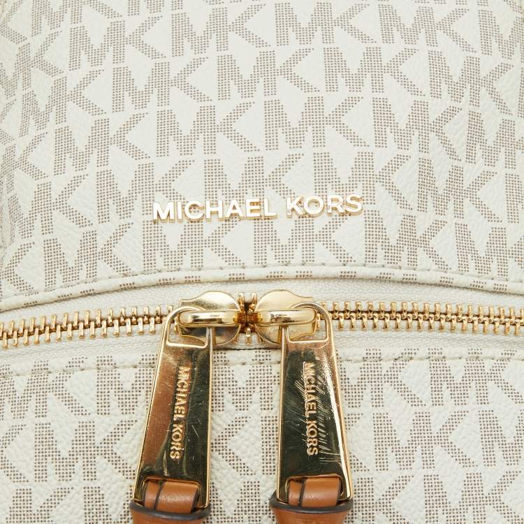 Pre Owned Michael Kors White/Tan Signature Coated Canvas and Leather Mini Rhea Backpack