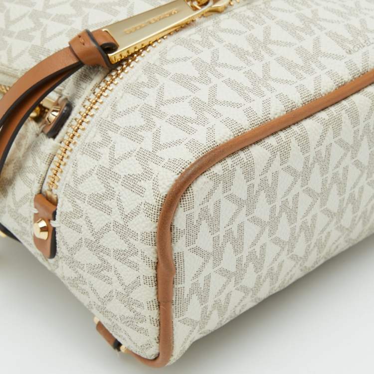 Pre Owned Michael Kors White/Tan Signature Coated Canvas and Leather Mini Rhea Backpack