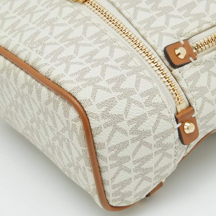 Pre Owned Michael Kors White/Tan Signature Coated Canvas and Leather Mini Rhea Backpack