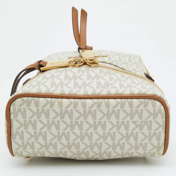 Pre Owned Michael Kors White/Tan Signature Coated Canvas and Leather Mini Rhea Backpack