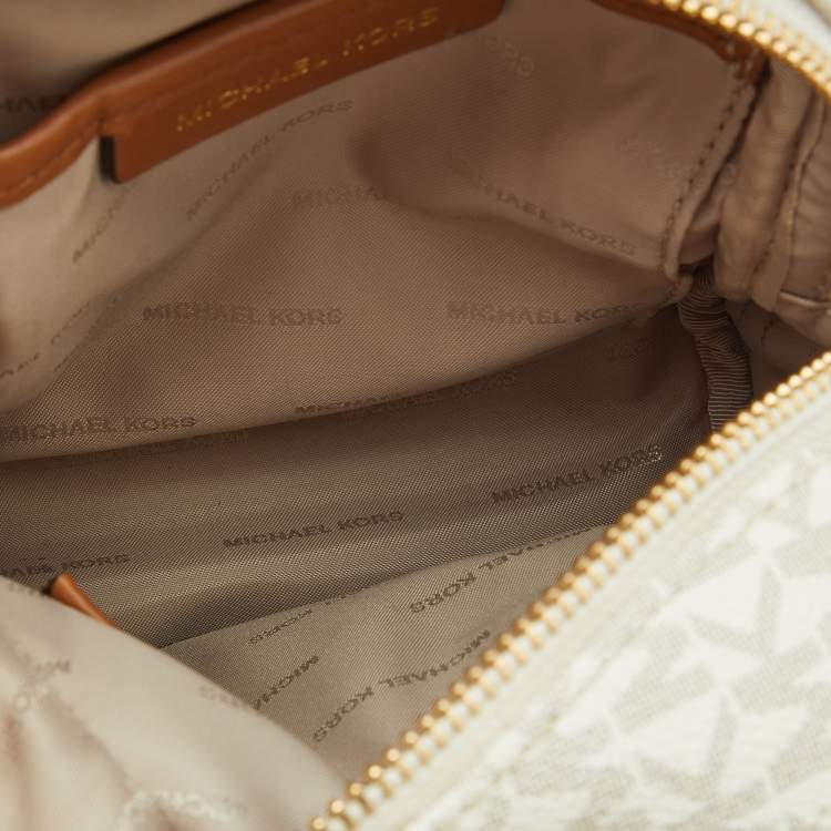 Pre Owned Michael Kors White/Tan Signature Coated Canvas and Leather Mini Rhea Backpack
