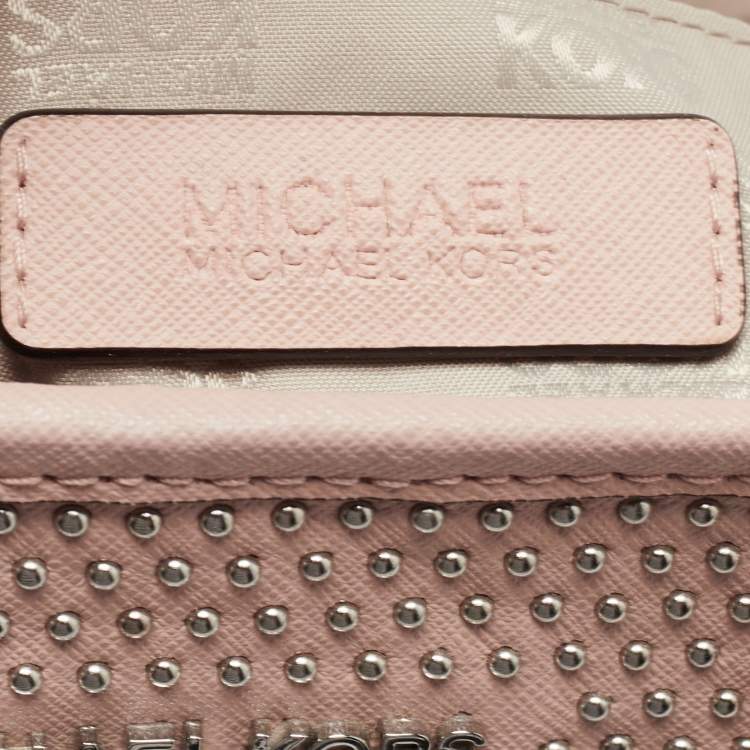 Pre Owned Michael Kors Light Pink Saffiano Leather Studded Jet Set Tote